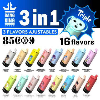 Reklambild för Bang King Vapens 3-i-1 justerbara smaksvape som erbjuder 85 000 bloss och 16 smaker, med illustrationer av färgglada vapes som visar olika smakkombinationer.