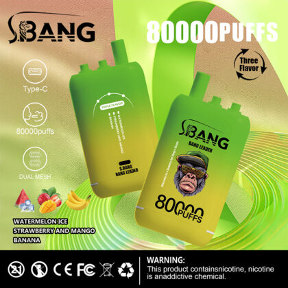 Färgglad reklam för S-Bang vape-enheten, med dess gröna dubbla mesh-design, trippelsmaker (Watermelon Ice, Strawberry and Mango, Banana), framhäver 80 000 bloss och en hälsovarning om nikotininnehåll.