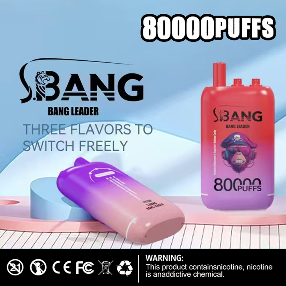 Reklambild för Bang Leader vape-enheter med en röd och lila vape med varumärke och text som framhäver 80 000 bloss och tre smaker, tillsammans med en nikotinvarning.