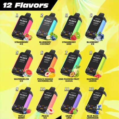 Grafik som visar 12 Fizzy Nova vape-smaker med färgglada produktbilder och motsvarande smaktitlar, visade mot en livfull gul bakgrund.