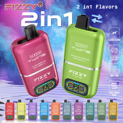 Reklambild för Fizzy Twins 2-i-1 engångsvapor med 5000 bloss, dubbla smaker, justerbart luftflöde och dubbla tankar i olika färger och smaker.