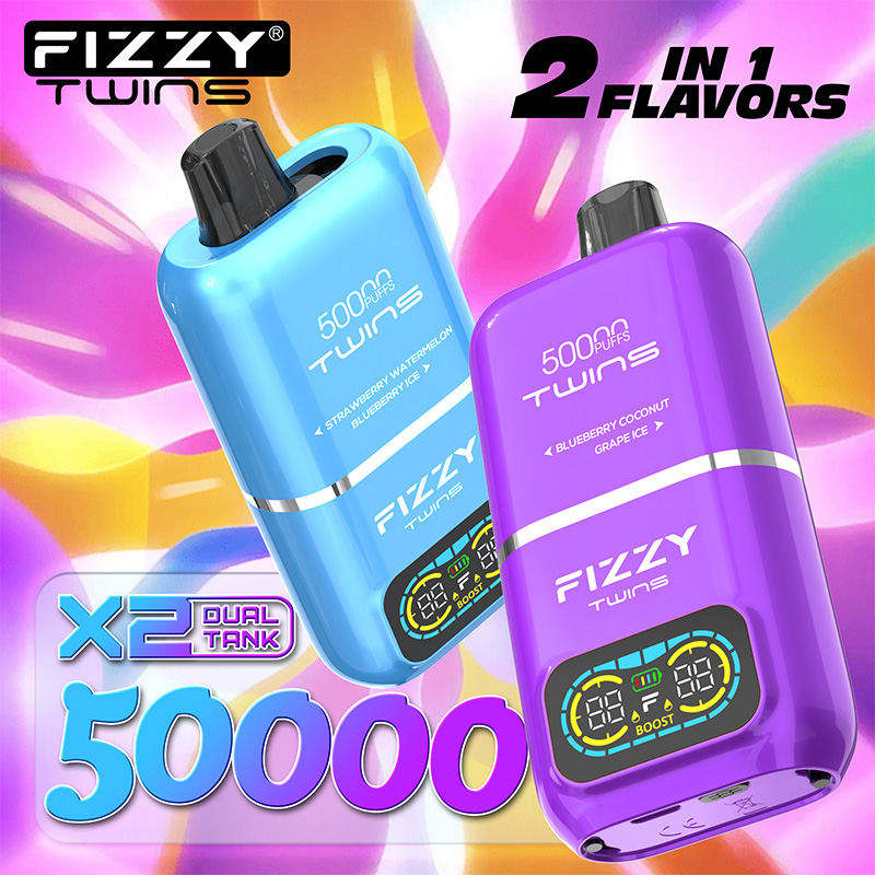 Reklam för Fizzy Twins som visar upp lila och blå vape-enheter med dubbla tankfunktioner och kapacitet på 50 000 bloss, med en färgglad bakgrund med vape-tema.