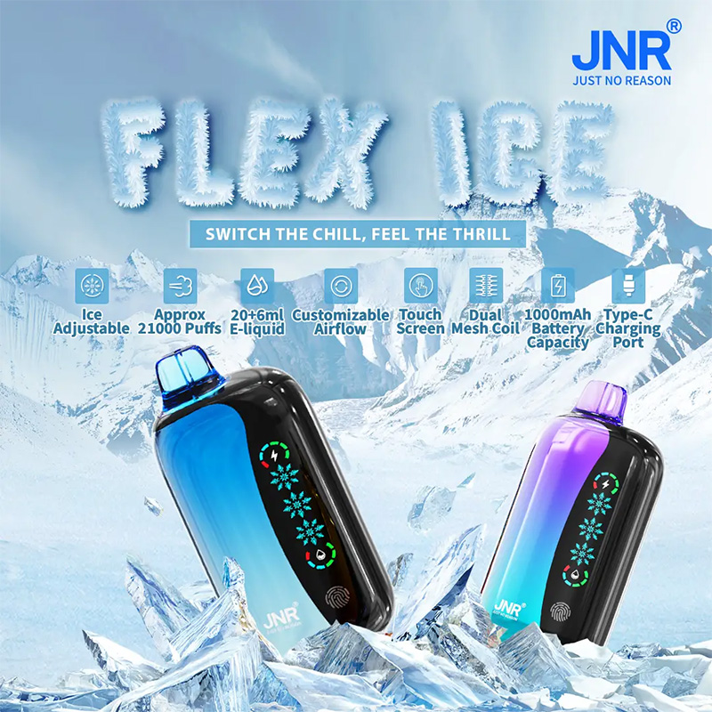 Reklambild för vaping-enheten JNR Flex Ice med två modeller med justerbara inställningar, marknadsförda med en frostig is-bakgrund och omfattande funktioner.