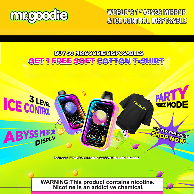 Annons som visar upp färgglada engångsvape-enheter från Mr. Goodie med funktioner som "Abyss Mirror Display" och "3 Level Ice Control", tillsammans med reklamtext och ett svart t-shirt-erbjudande med märke, mot en livfull gul bakgrund.