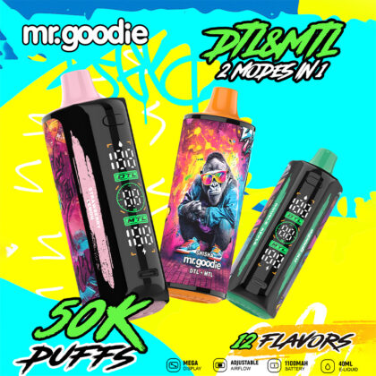 Immagine promozionale che presenta i dispositivi per lo svapo Mr. Goodie con design audaci e colorati, dotati di modalità regolabili (DTL e MTL) e specifiche come 50.000 tiri, 12 aromi e capacità di e-liquid di 40 ml, il tutto su uno sfondo vivace.