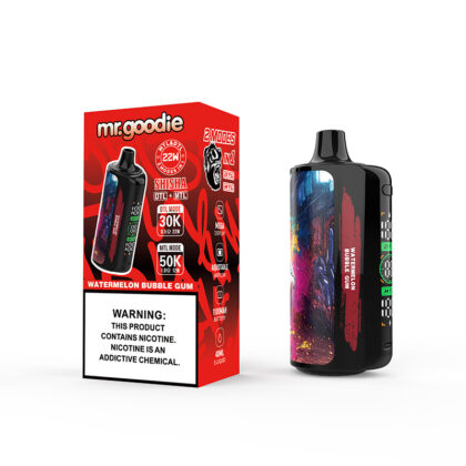 En vaping-enhet och dess förpackning med varumärket "Mr. Goodie", smaken "Watermelon Bubble Gum" och funktionsdetaljer, tillsammans med en varning som anger nikotininnehåll.