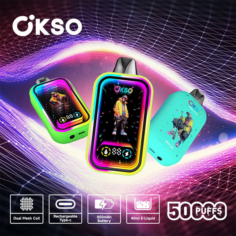 Färgglad visning av OKSO-märkta vape-enheter med futuristisk design och tekniska specifikationer, inklusive dubbel mesh-spole, laddningsbar Type-C-port, 850 mAh batteri och 40 ml e-vätska som räcker till 50 000 bloss.