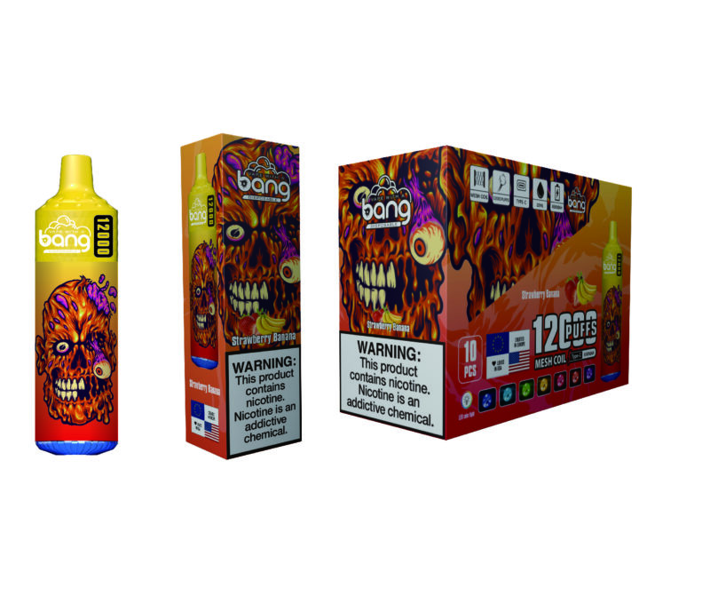 In mostra sono presenti i design delle confezioni dei prodotti e-liquid di Bang, caratterizzati da grafiche vivaci, tra cui un teschio colorato e infuocato e avvertenze sulla dipendenza dalla nicotina.
