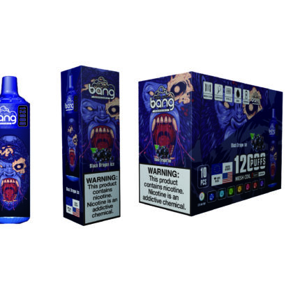 Image du produit présentant l'emballage de la vape jetable Bang au goût « Black Dragon Ice », montrant un design audacieux et stylisé du visage d'un dragon et des avertissements détaillés sur la teneur en nicotine.